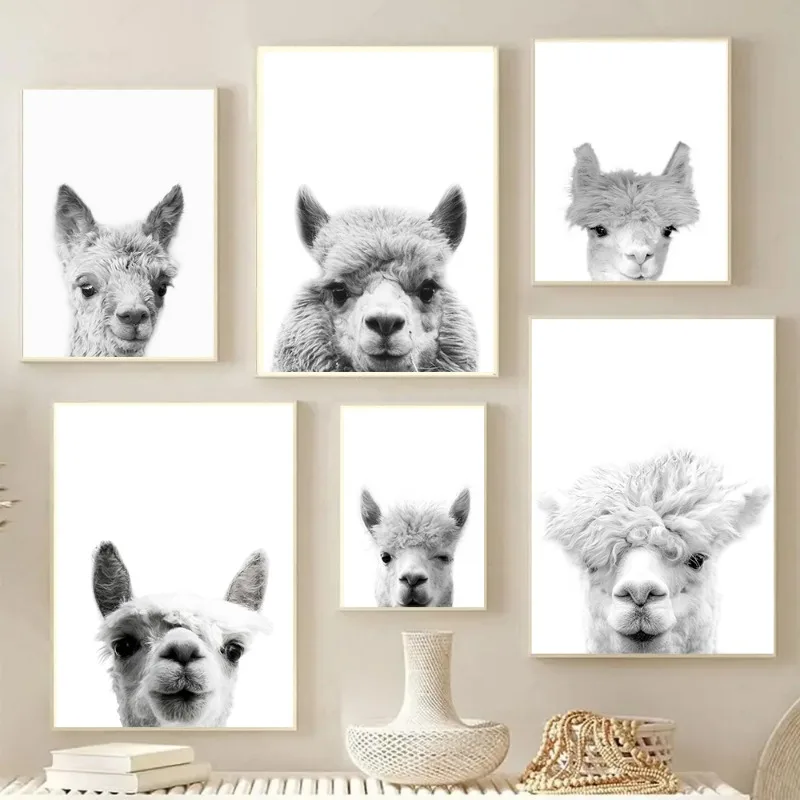 Black and White Alpaca Llama Farm Animals Poster Canvas Painting Minimalist Wall Art Print Picture for Living Room Home Decor