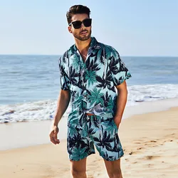 Print Set Fashion Men Short Sleeve Shirt + Shorts 2 Pieces Loose Dress 2024 Summer Casual Beachwear Holiday Men Hawaiian Dresses