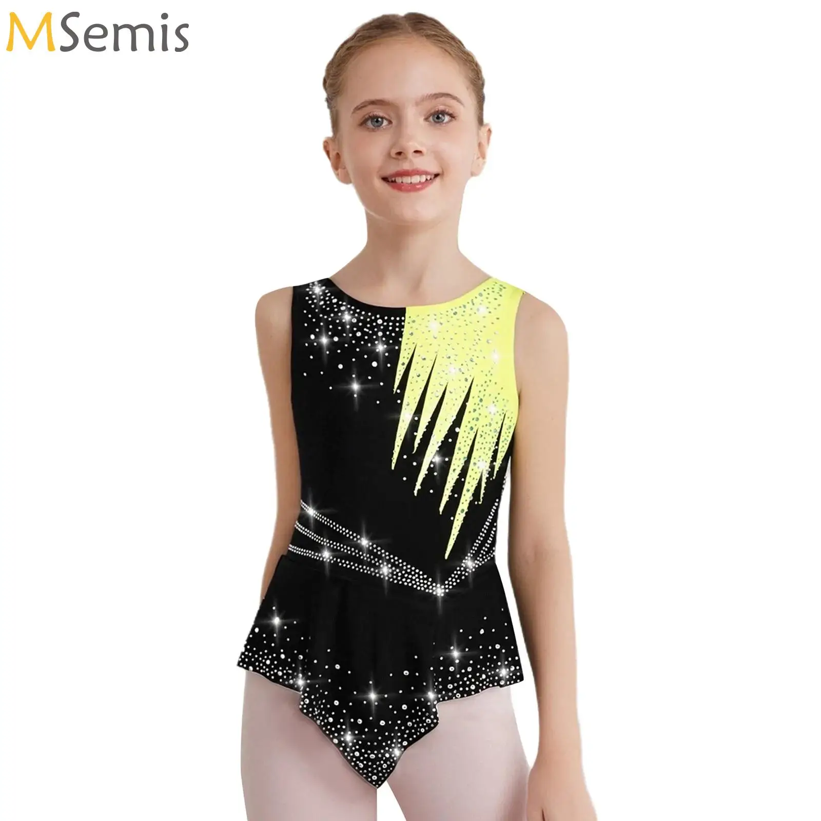 Kids Girls Rhythmic Gymnastics Jersey Teenage Ballet Lyrical Dance Figure Skating Costume Shiny Rhinestones Bodysuit Dress