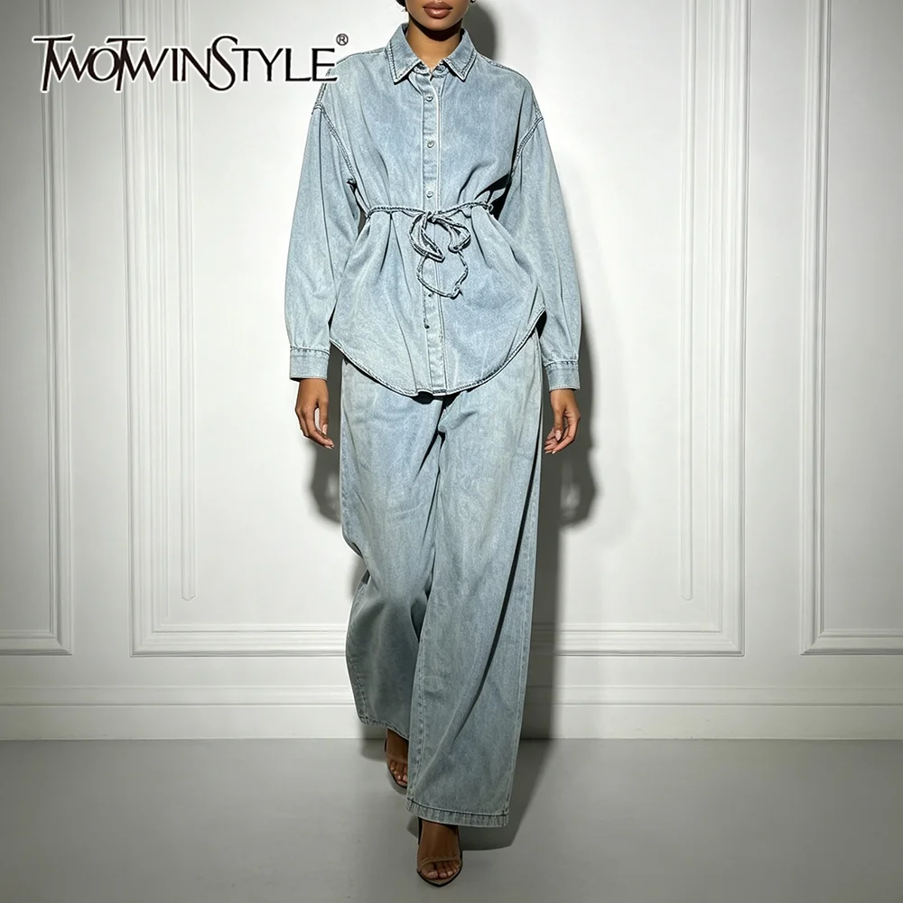 TWOTWINSTYLE Casual Denim Wash Two Piece Set for Women Button Down Collar Peplum Oversized High Waist Wide Leg for Daily Casual