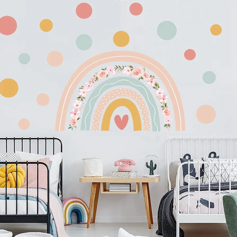 Large Rainbow Flower Wall Stickers Boho Polka Dots Wall Decal Vinyl For Room Kids Nursery Playroom Classroom Wall Decor