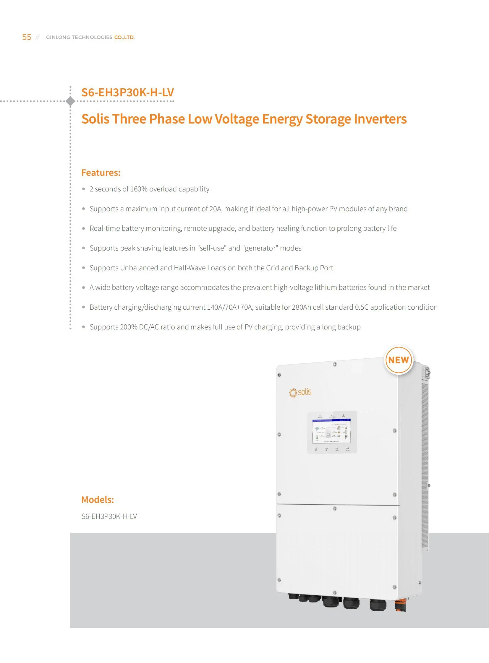 Hot Selling Solis S6-EH3P30K-H-LV 30kw Hybrid Inverter Three Phase Low Voltage Energy Storage Inverters for Home Use