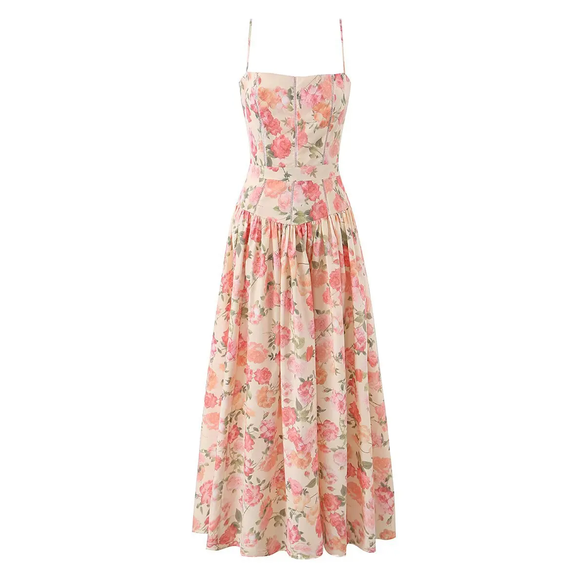

French Print Pink Flowers Spaghetti Straps Mid Party Holiday Birthday Dress