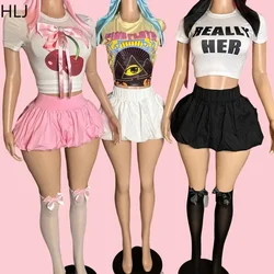 HLJ Y2K Bow Sweet Streetwear For Women Baddie Crop Top And Puffy Mini Skirt Cute Sexy Outfits Female Clothing 2024