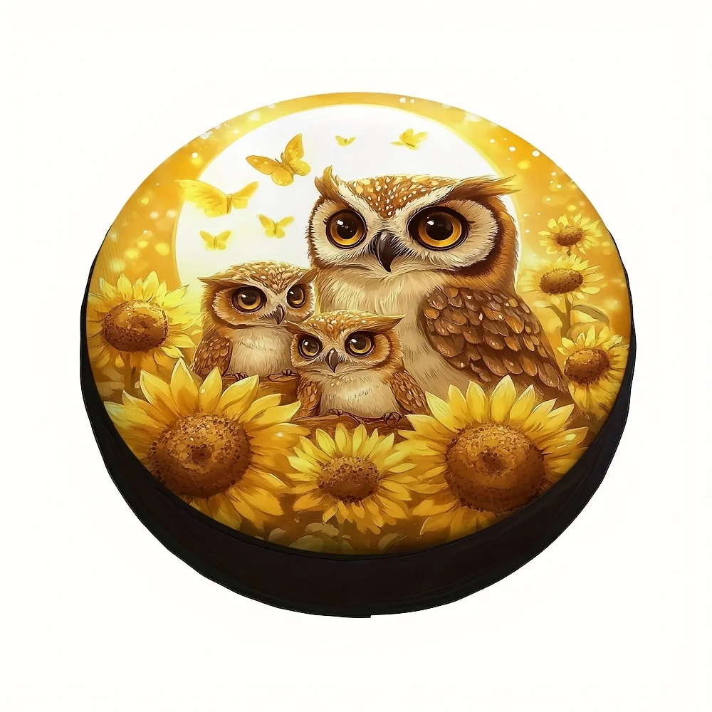 Cute Owl Family Sunflower Yellow Glow Spare Tire Cover