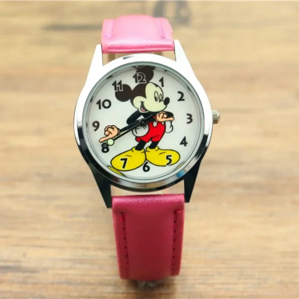 Miniso Anime Cartoon Disney Mickey Mouse Boys Girls Student Round Quartz Watch Children Leather Belt Wristwatch Christmas Gifts