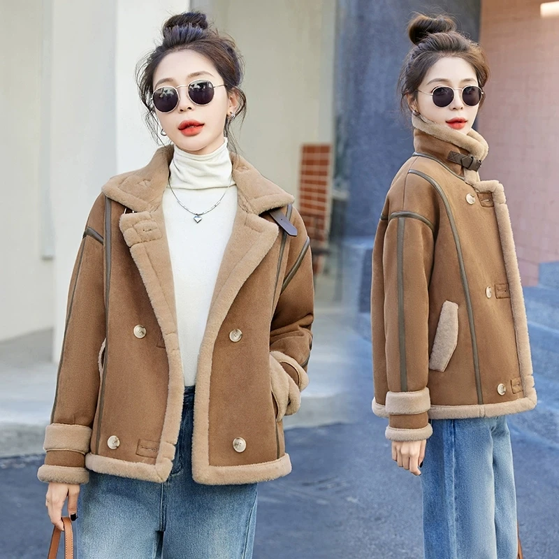 เสื้อโค้ทขนแกะสำหรับผู้หญิง ฤดูหนาว 2025 แบบสั้น หนา อุ่น แต่งขนเฟอร์ทั้งตัว แขนยาว ซิปยาว แจ็คเก็ตบอมเบอร์ หรูหรา