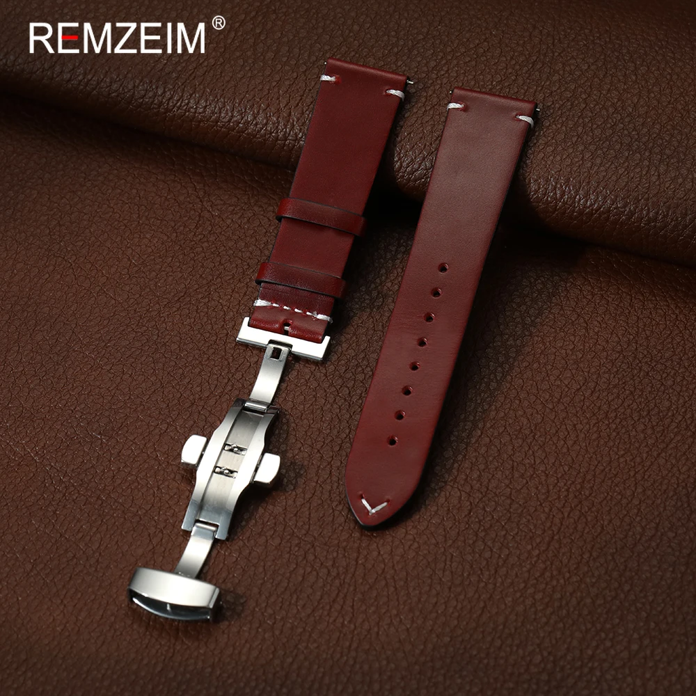 Klassisches, bequemes Herren-Uhrenarmband aus Ölwachsleder mit Butterfly-Schnalle, Schnellverschluss-Federsteg, 18 mm, 20 mm, 22 mm, Handgelenkband