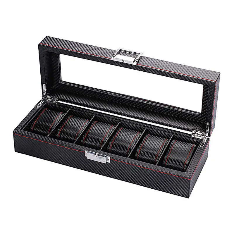 Watch Box for Men 3/5/6 Slots Watch Organizer, Watch Case,Carbon Fiber Design Real Glass Top, Smooth Faux Leather Interior
