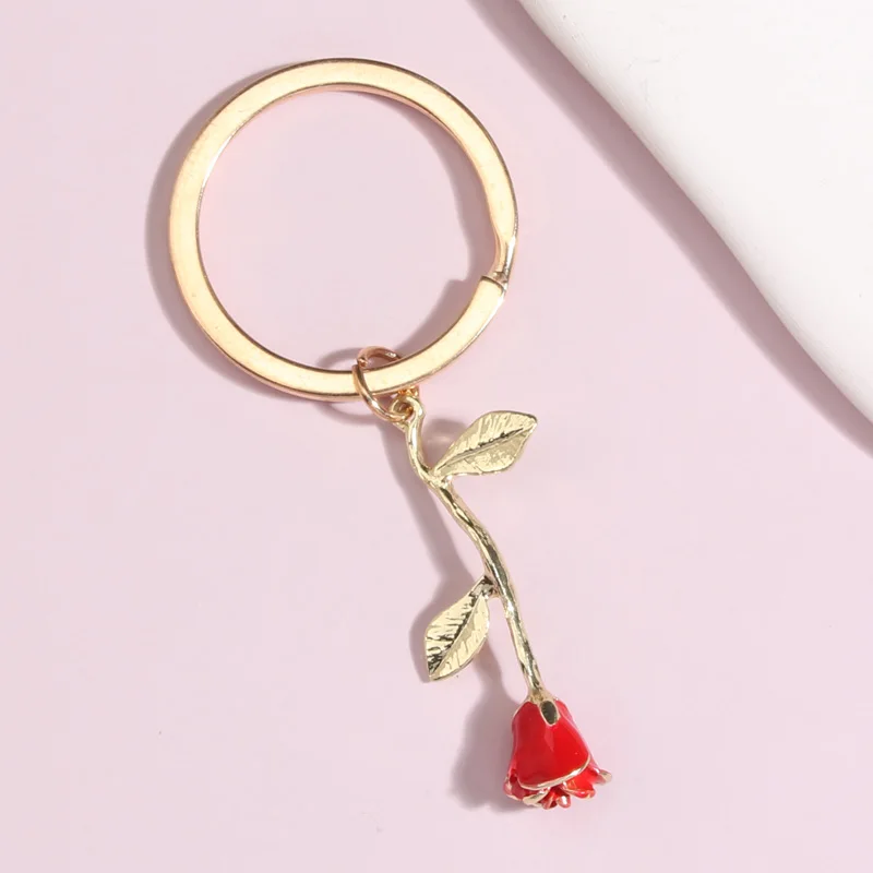Enamel Keychain Rose Flower Key Ring Love Key Chains Valentine\'s Day Gifts For Couple Lovers Handbag Accessorie DIY Jewelry