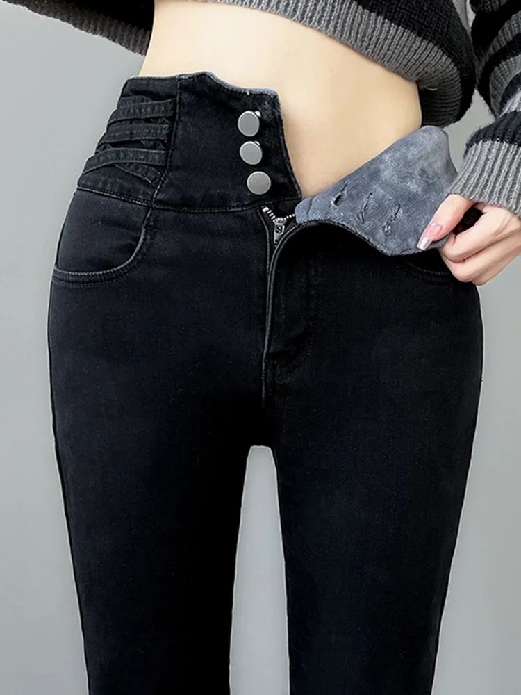 Hoge taille dikker potlood jeans Koreaanse mode mager fluweel gevoerde denim broek winter warm stretch vintage casual vaqueros nieuw