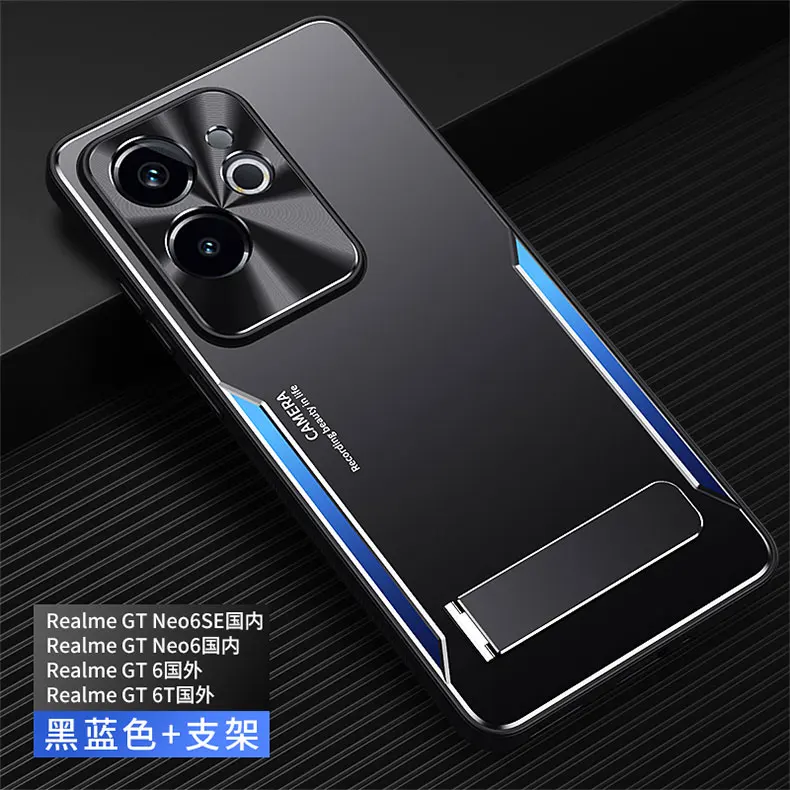 Luxury Matte Aluminum Metal Back Case, Full Protection Cover with Camera Protector, for Realme GT6, Flip Stand