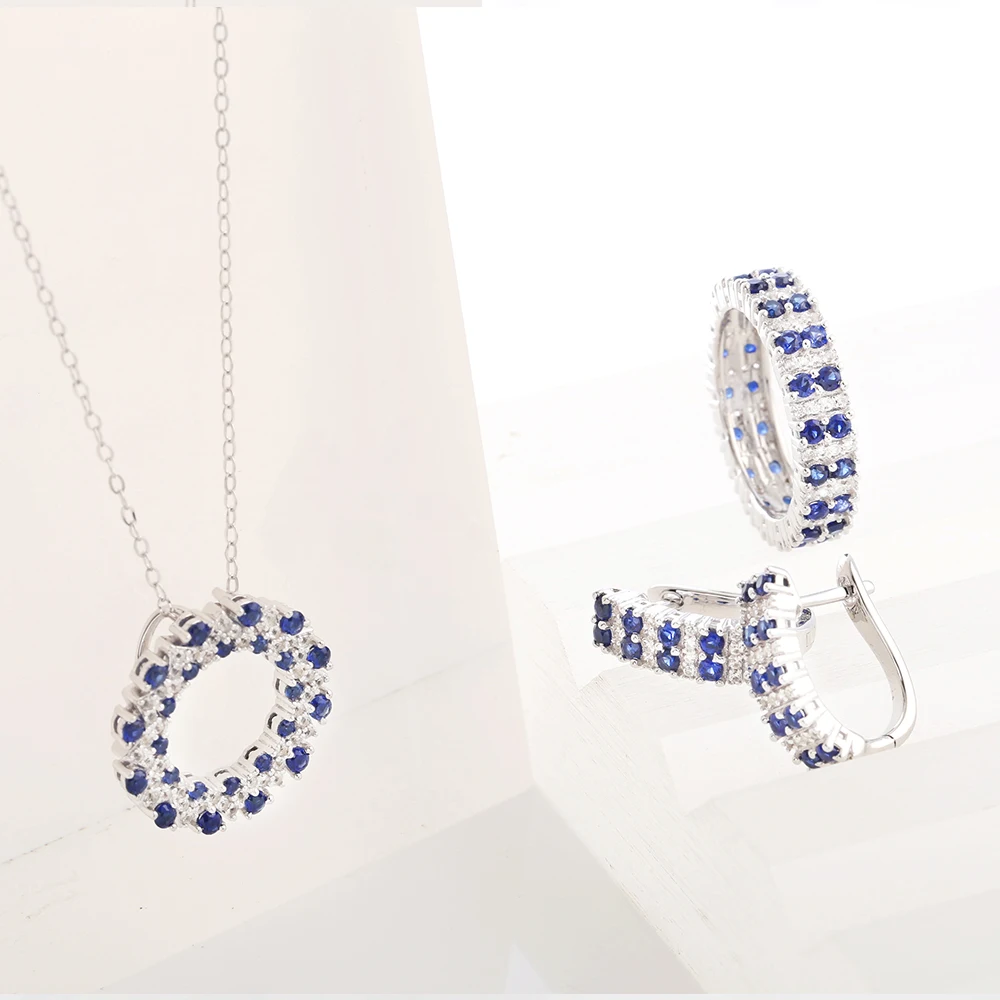 CHARMING 2025 Blue Sapphire Jewelry Set Lab Grown Gemstone 925 Sterling Silver for Women Stud Earring Necklace Ring Vintage Gift