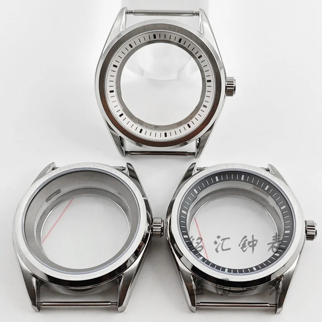 NH35 40mm GS Sapphire Glass Black White Chapter Ring Silver Watch Case For NH35 NH36 NH38 NH70 NH72 Movement Transparent Back