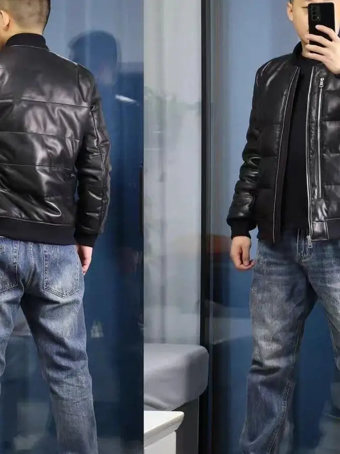 

Real Leather Motorcycle Jaet Men's Winter eepskin Coat Thi Warm Outerwear Faion Urban Sle Youth Casual Zipper Closure
