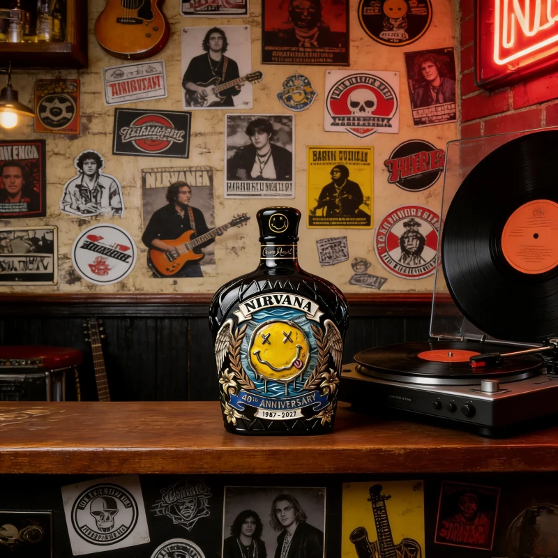 Botella de Whisky Nirvana 40 Aniversario Estilo Crown Royal Edición Coleccionista Música Rock Decoración