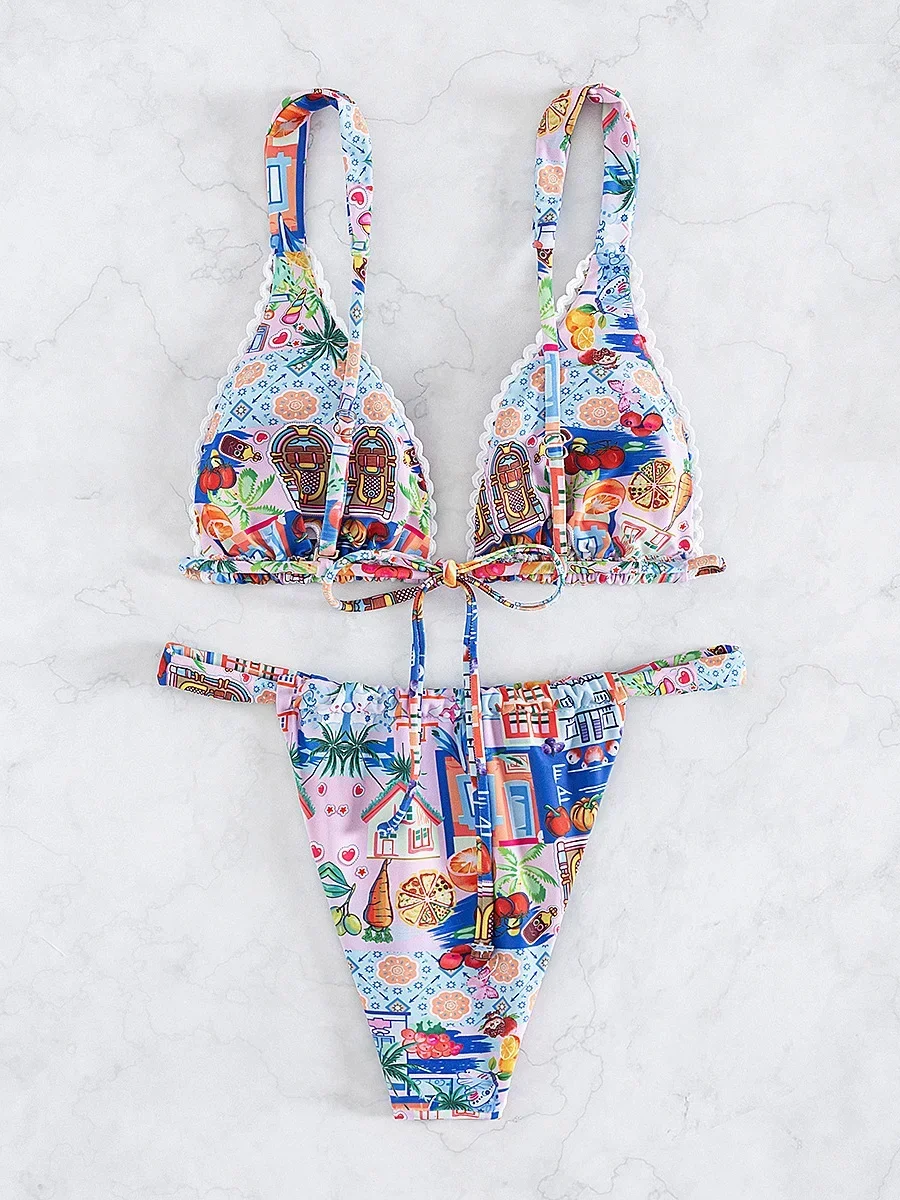 여성용 새 마이크로 비키니, 트라이앵글 수영복, 브라질리언 투피스 폴드 비키니 세트, 프린트 푸쉬업 수영복