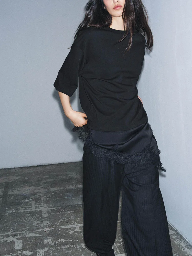 Haut de gamme ourlet asymétrique dentelle T-irt femmes hiver nouveauté Patchwork rond Ne ort Sve tricots