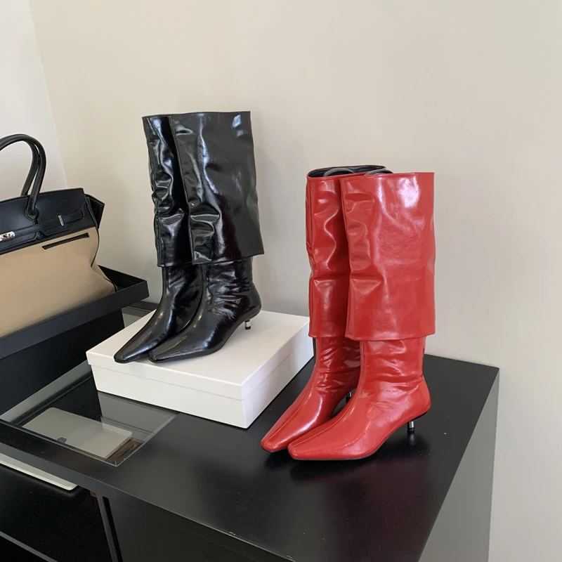 Black Knee High Boots Women Low Heeled Stiletto Red Shoes Comforts Long Boots Autumn Patent Leather Botas Vintage Mujer