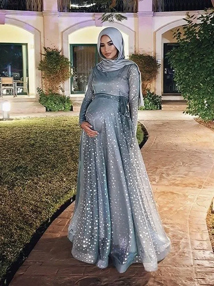 Muslim Floor-length Pregnant Dress Women Sequin Long Dresses Maternity Long Pregnancy Dress Vestidos Big Swing A-line maxi robe