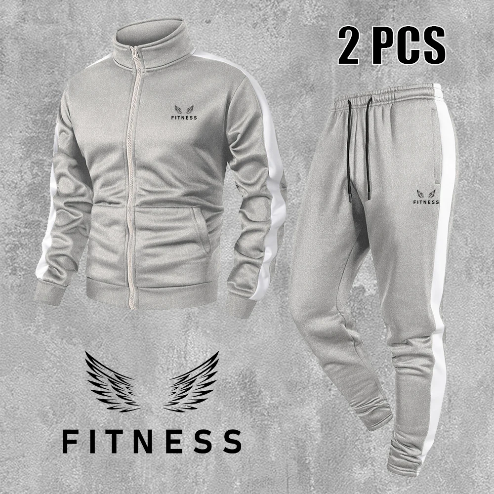 Men's Wings And Word Print Tracksuit Zippered Stand Collar Jacket With Drawstring Trousers For Daily Casual Fitness Training