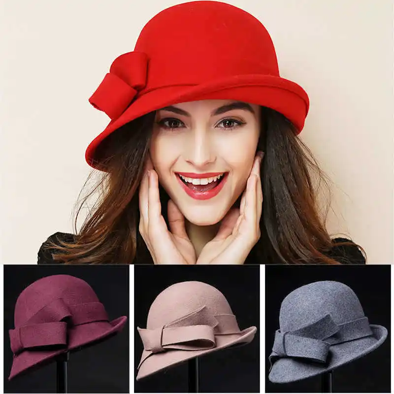 

Winter Hat for Women 1920s Gatsby Style Flower Warm Wool Fedora Winter Cap Ladies Church Hats Cloche Bonnet Femme Felt Fedoras