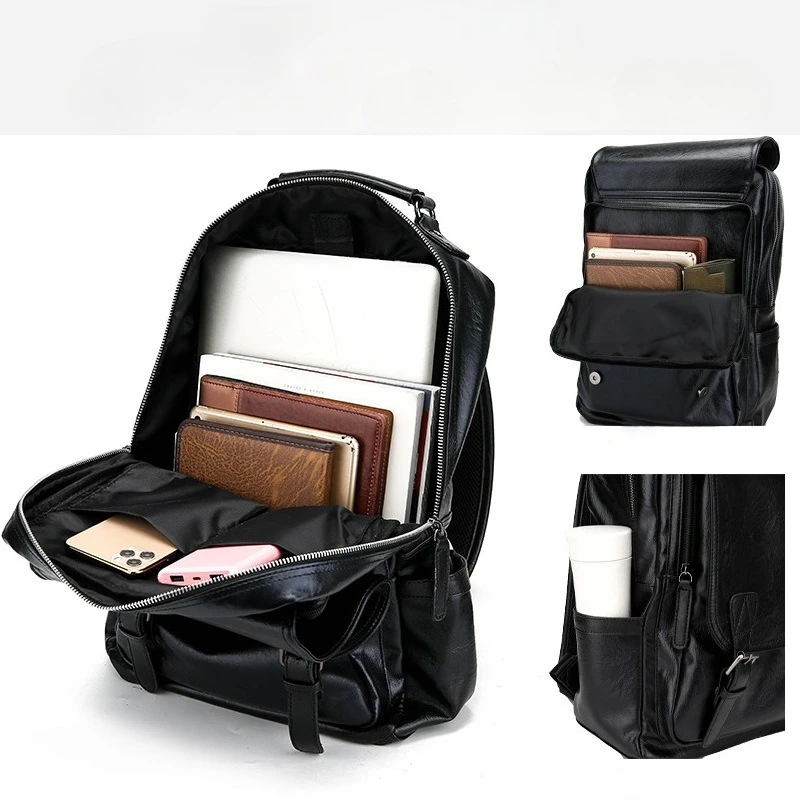 Fashion Flap Backpack Men Large Capacity 15.6 Inch Laptop Backpacks For Men Soft PU Leather Travel Backpack Student Schoolbag