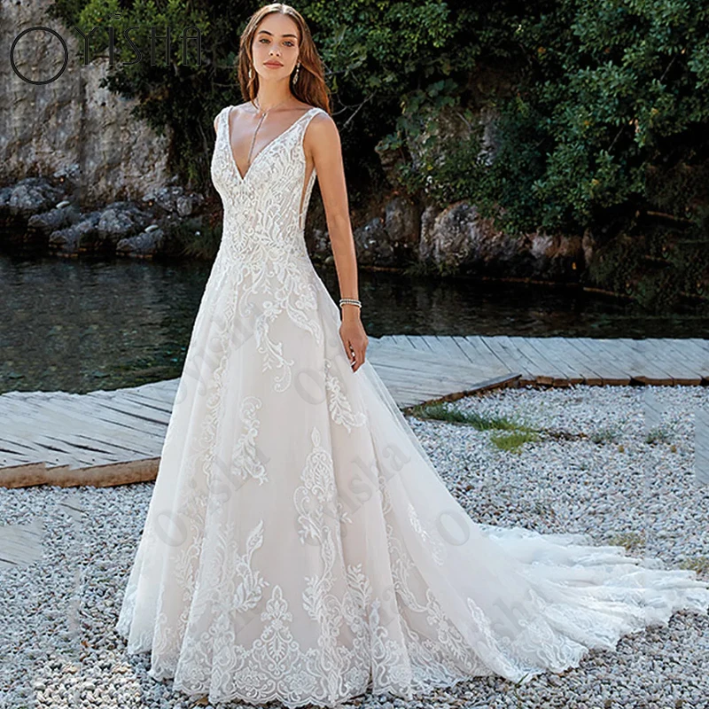 

Oyisha Lace Appliques V-Neck Wedding Dresses Sleeveless Tulle Bridal Gowns Spagehtti Straps A-Line Vestido De Noiva Custom Made