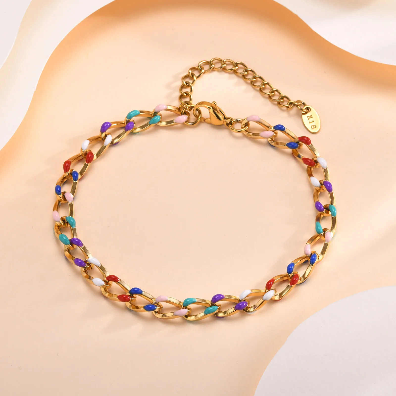 Stainless Steel Ankelt 18k Gold Plated, Cuban Enamel Colorful Link Adjustable Foot Chain for Women Beach Summer Jewelry
