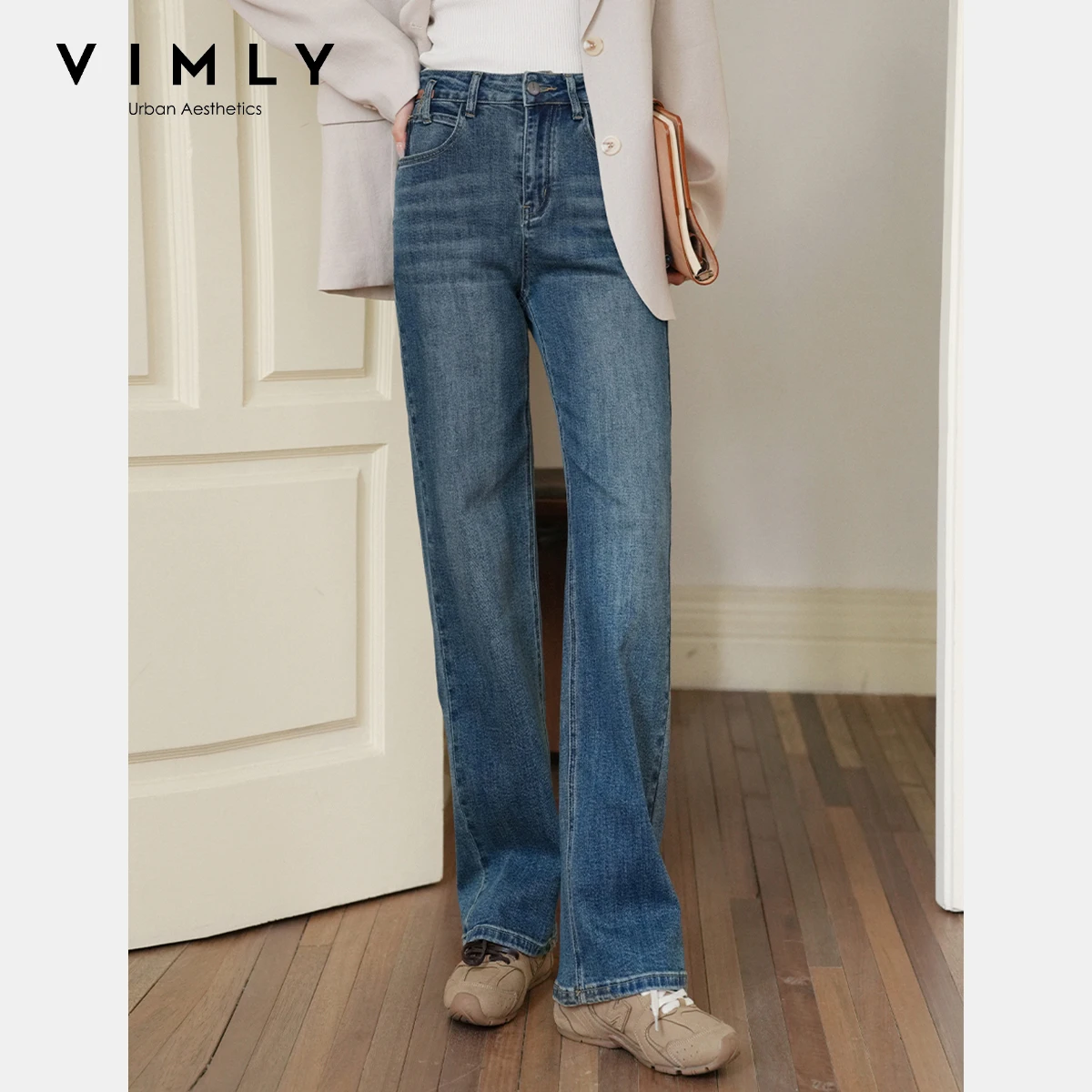 

VIMLY Woman Jeans 2025 Summer vintage Clothes Denim Blue Straight Women's Pants Wide Leg Button Pockets Jeans Femmes 30260