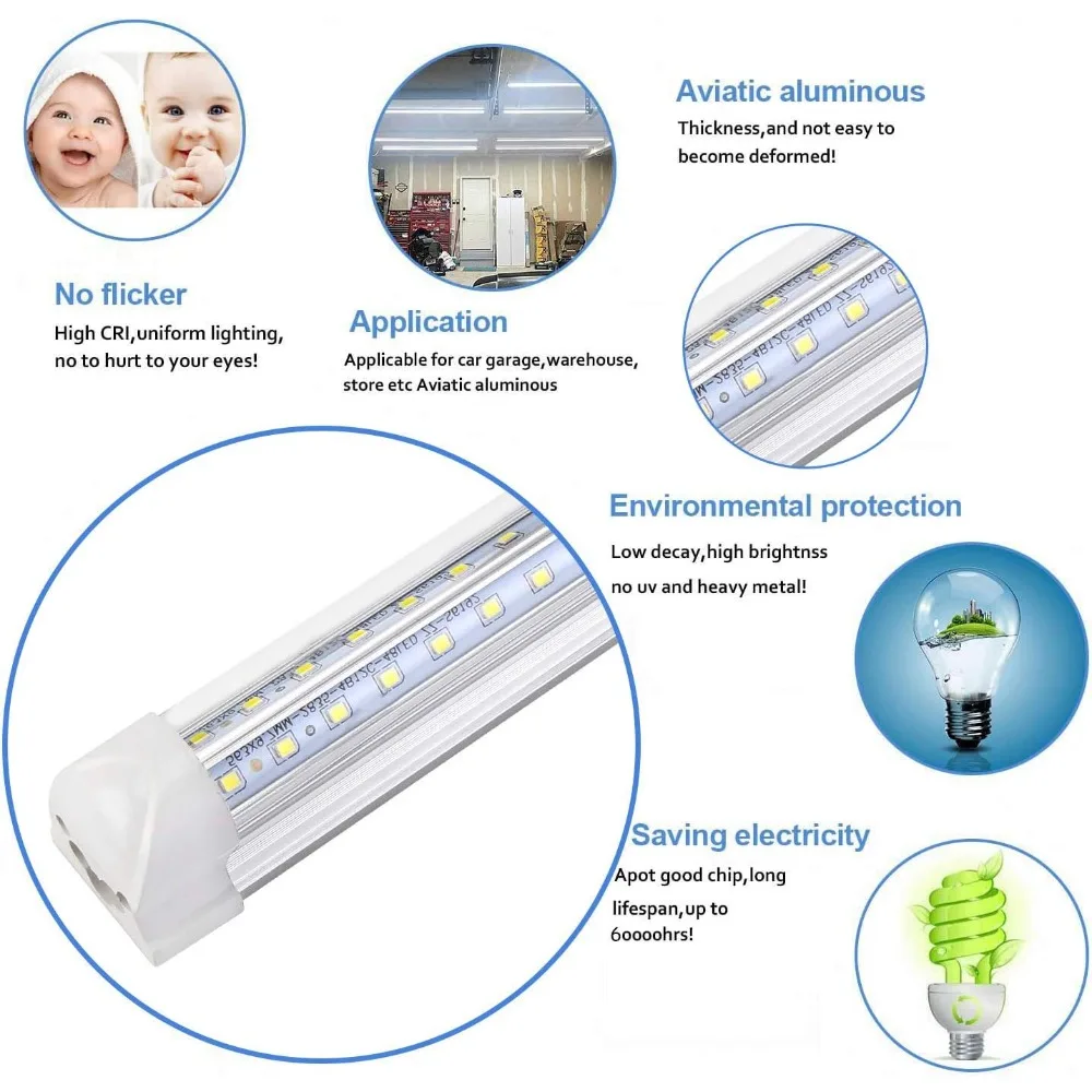 10パック 8フィート ホワイト LED T8 ショップライト、72W 9500ルーメン、6500K デイライト、高出力クリアカバー、V字型270度ビーム