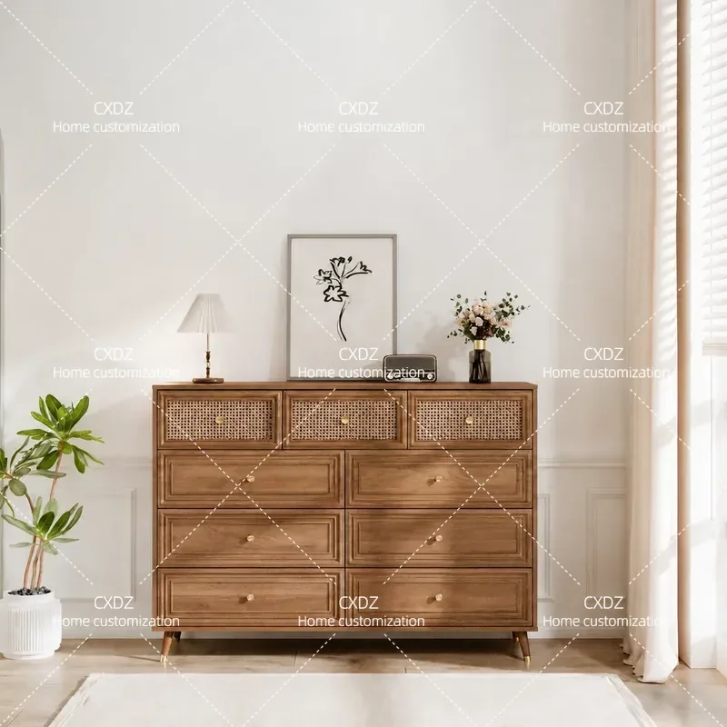 New Chinese Style Rattan Braided Side Cabinet Living Room Wall Storage Bucket Decorative Zen Home Improvement Furniture