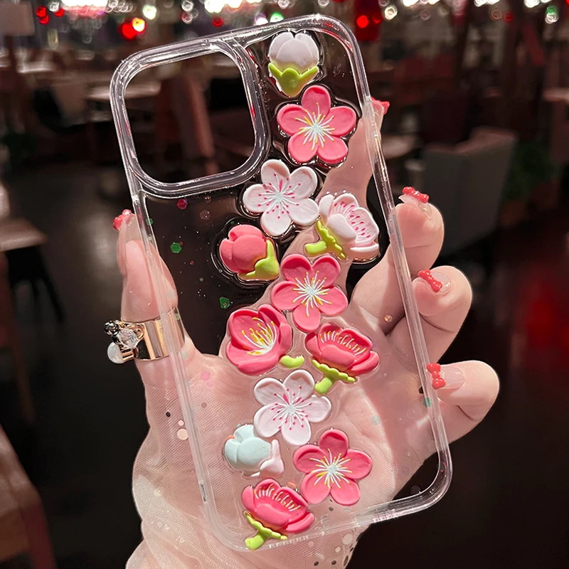 For iPhone 15 Pro Max 14 Plus 13 Mini 12 11 Xsmax Xr 8 Plus Transparent Anti Drop 3D Pink Peach Blossom Protection Phone Case