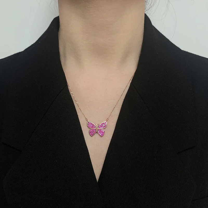 New S925 Sterling Silver With Full Of Diamonds Coloured Butterfly Necklace Pendant Female Collarbone Chain Ins Minimalist Models