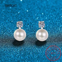Pendientes de moissanita de perlas naturales de plata S925 para mujer, joyería chapada en oro blanco, pendientes de tuerca de moissanita de Color D, moda