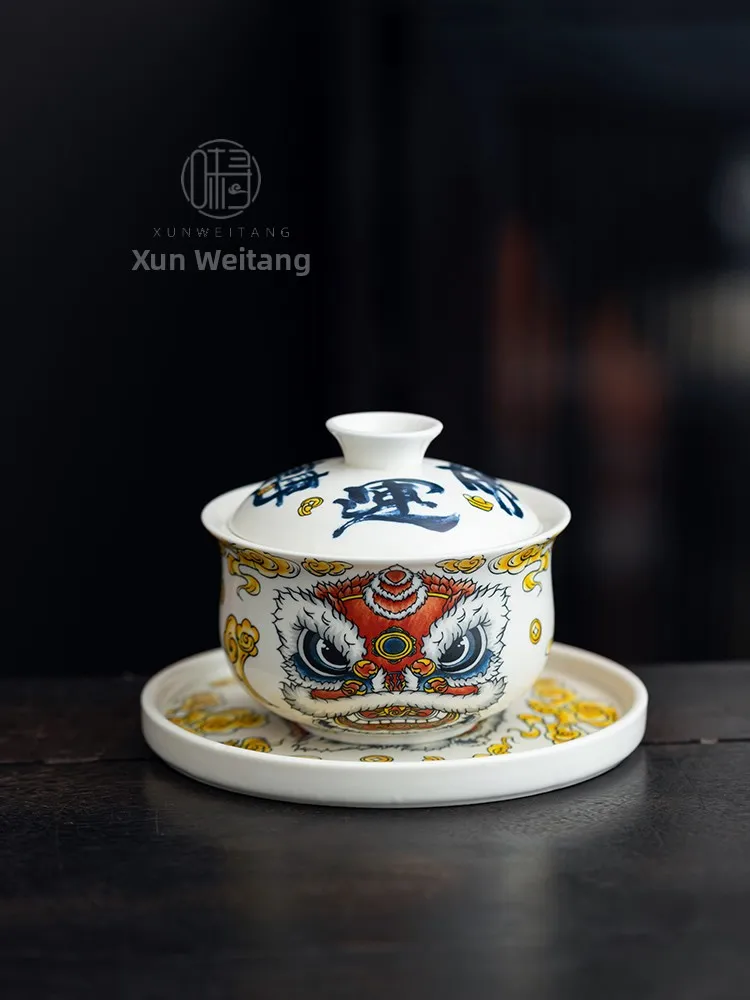 

Chic Chinese Cercs Tea Set Gongfu Teaware Cerc Bowl with Lid Lion Wake up Tee Elements Design Home Use Tea Drinking Set