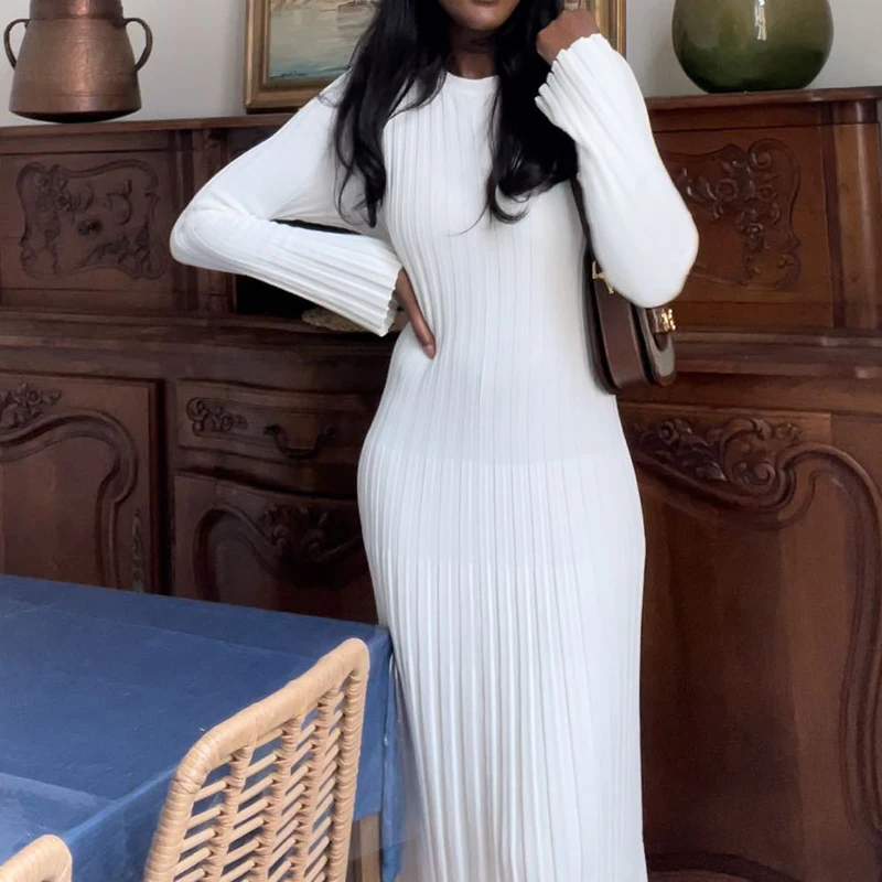 Women Elegant Ribbed Knit Full Sleeve Maxi Dress Crew Neck Bodycon Pencil Long Dress Tie Waist Dress 90s Vintage Streetwear