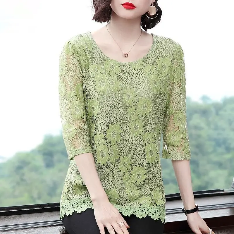 

Spring Summer Women Hollow Out Lace T-Shirts Floral 3/4 Sleeve Oversized Tees Chic Pullover Fashion Female Clothing Casual Tops