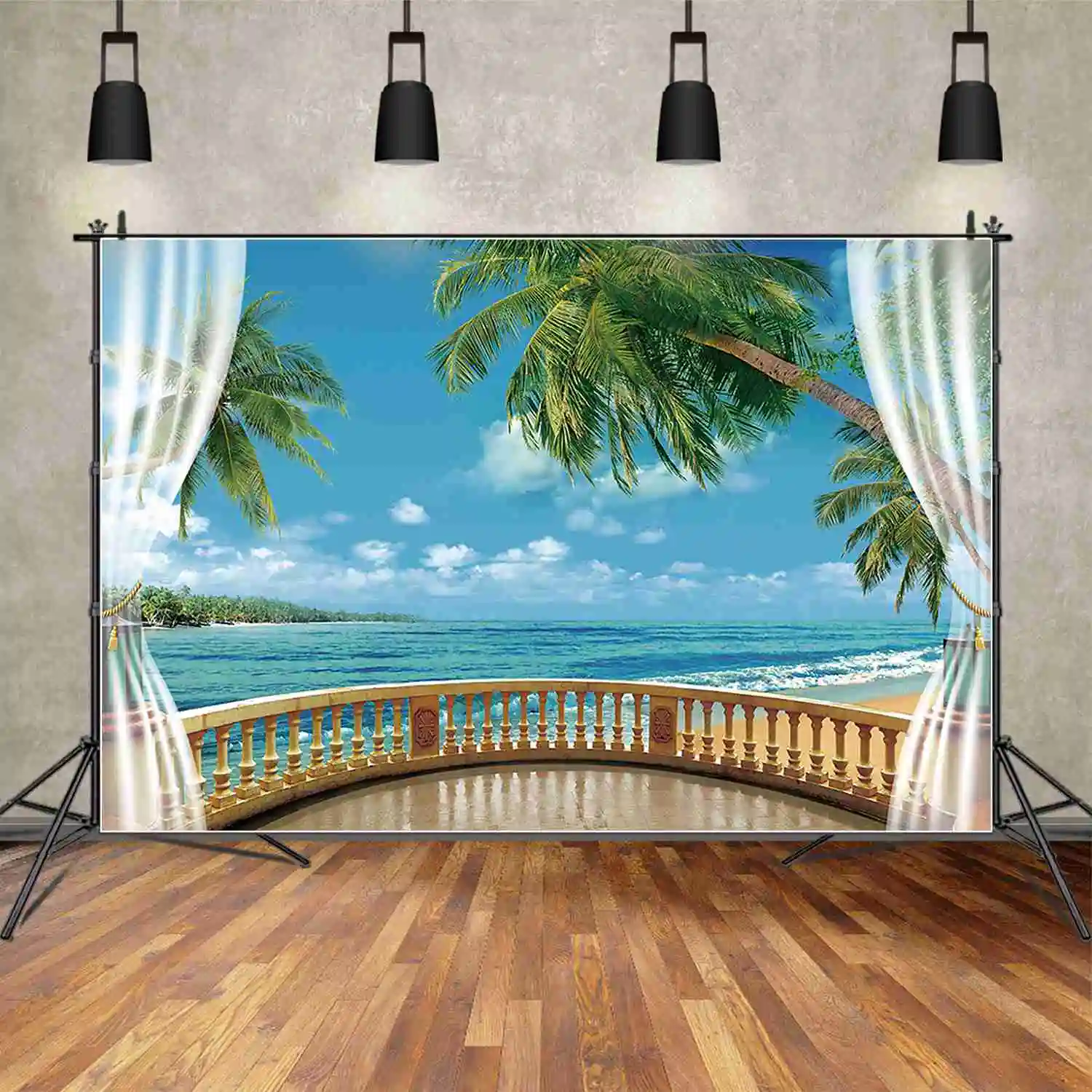 Moon.qg ฤดูร้อนสีฟ้าชายหาดพื้นหลังวันเกิดผู้ใหญ่ผู้หญิงต้นปาล์มใบฉากหลังริมทะเลงานปาร์ตี้ที่กำหนดเอง