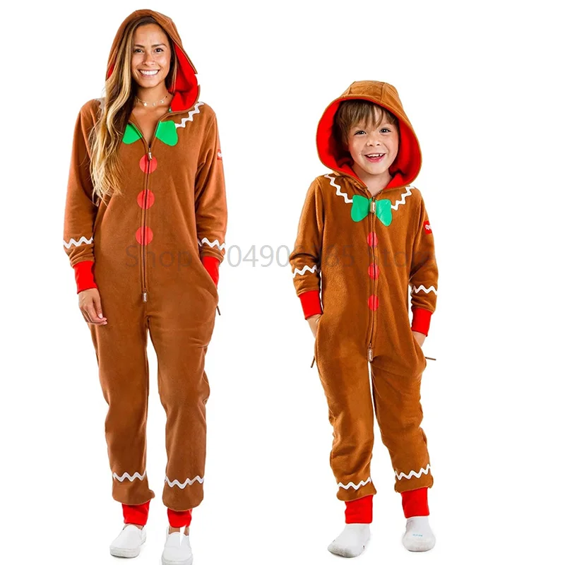 

2025 New Arrival Unisex Christmas Children Cookie Romper Halloween Fancy Dress Up Family Gingerbread Man Onesie Adult Costume