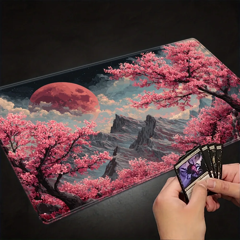 Tapis de jeu Blood Moon and Cherry Valley TCG, tapis de jeu fantaisie sur le thème oriental, couleurs vives, tapis de souris, alfombrillas gaming