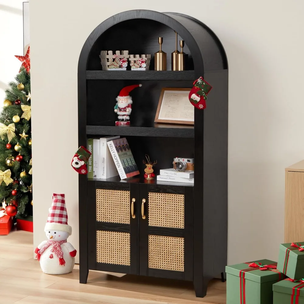 72'' Arched Storage Cabinet with Beech-Rattan Door, Tall Bookshelf with Adjustable Shelves, Modern Farmhouse Wooden Bookcase