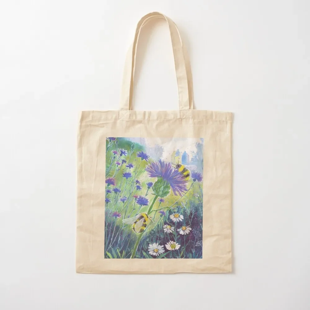 

painting by Laura Rispoli happy bees thistles daisies knapweed Tote Bag Custom bag tote bag custom