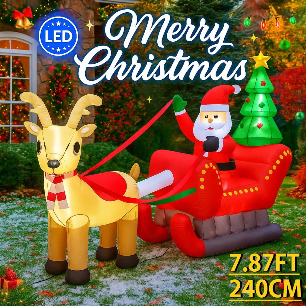 Trineo inflable gigante de Papá Noel de 7,87 pies, juguete de Reno con luces LED, decoración de patio de Navidad, suministros para fiesta en casa, adornos