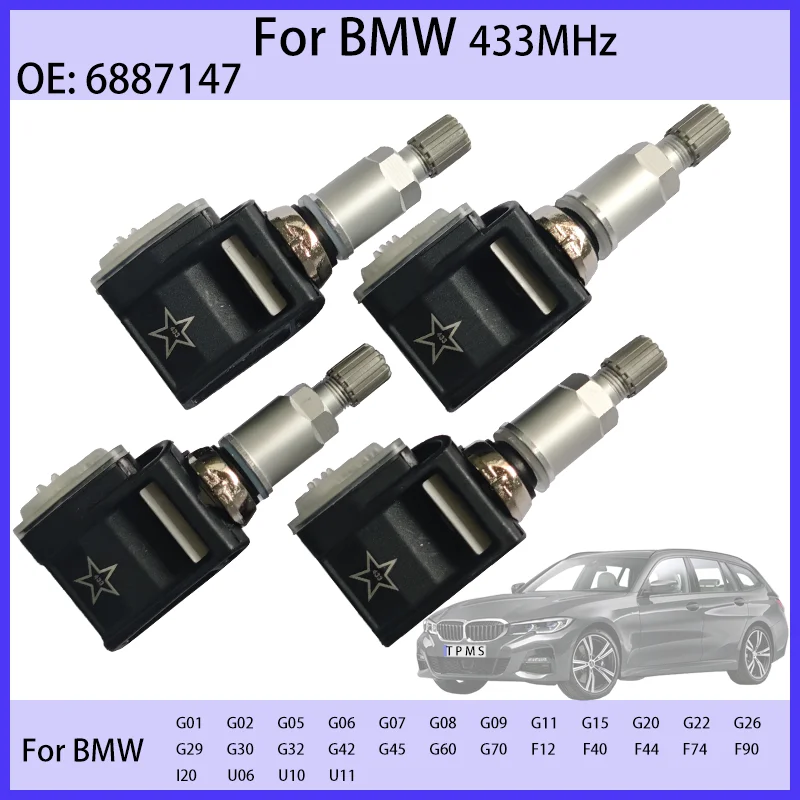 1/4PCS 6887147 433MHZ Tire Pressure Sensor For BMW F40 G42 U11 U06 F44 F74 G20 G22 G26 G30 G60 F12 G32 G01 G05 G15 G70 U10 Car