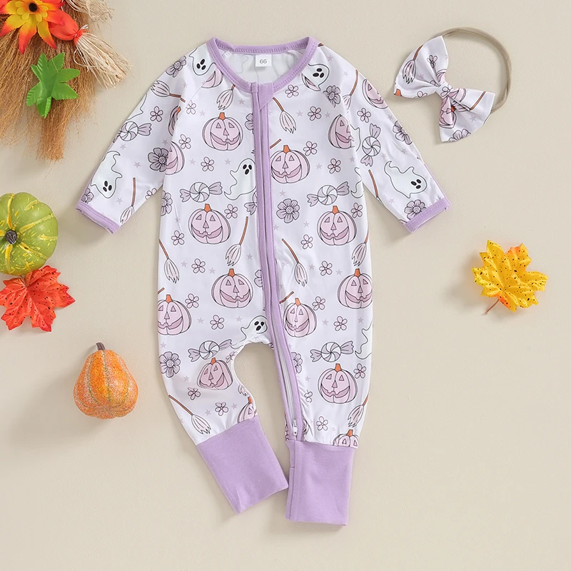 

BeQeuewll Infant Baby Halloween Jumpsuit Newborn Zip Front Romper Cartoon Print Long Sleeve Footless Romper And Bow Headband