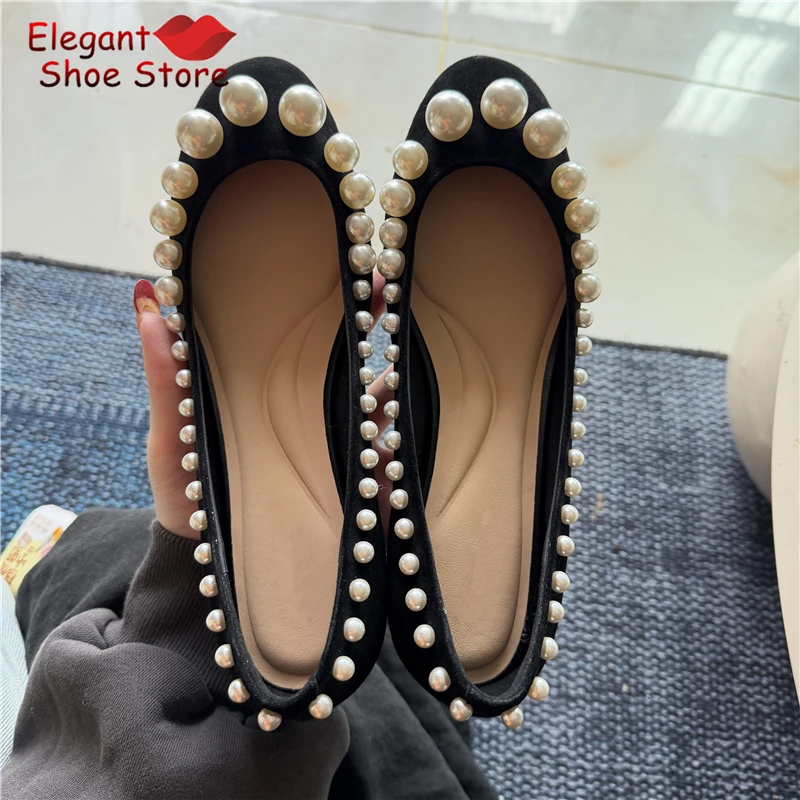 Retro Pearl Shallow Flat Shoes Red Black Satin Round Toe Slip-On Mary Jane Shoes Summer New Elegant Women Party Casual Shoes