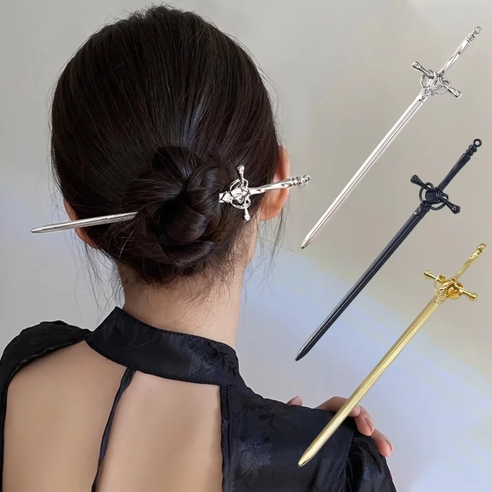 New Chinese style antique alloy sword hairpin, elegant hair accessory updo hairpin simple and modern long sword hairpin