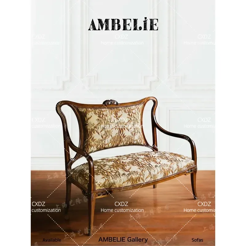 Rural Medieval Style Sofa Double Three Seater Leisure Chair High End Fabric Carved Solid Wood Vintage Living Room Furniture