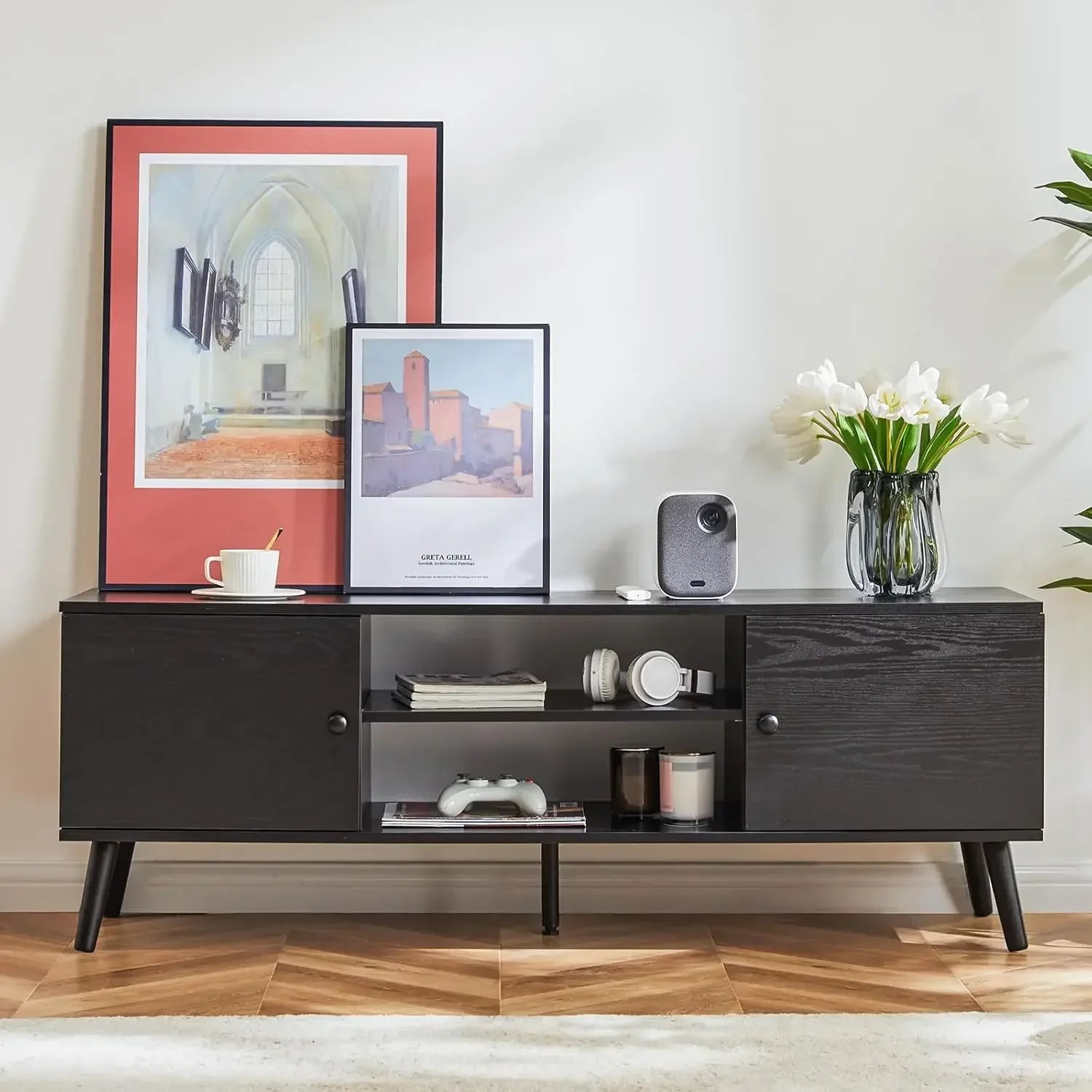 TV Stand for 55 60 inch TV, Entertainment Center with Storage Cabinet, Mid Century Modern Media Console Table, Adjustable Hinge